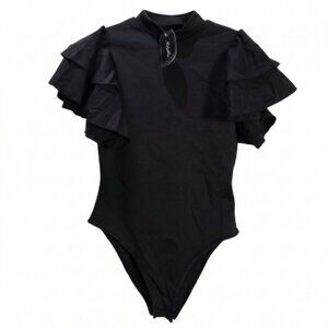 NWT | Black Mock Neck Bodysuit | Ruffle Butterfly Sleeve | Solid Front | Medium